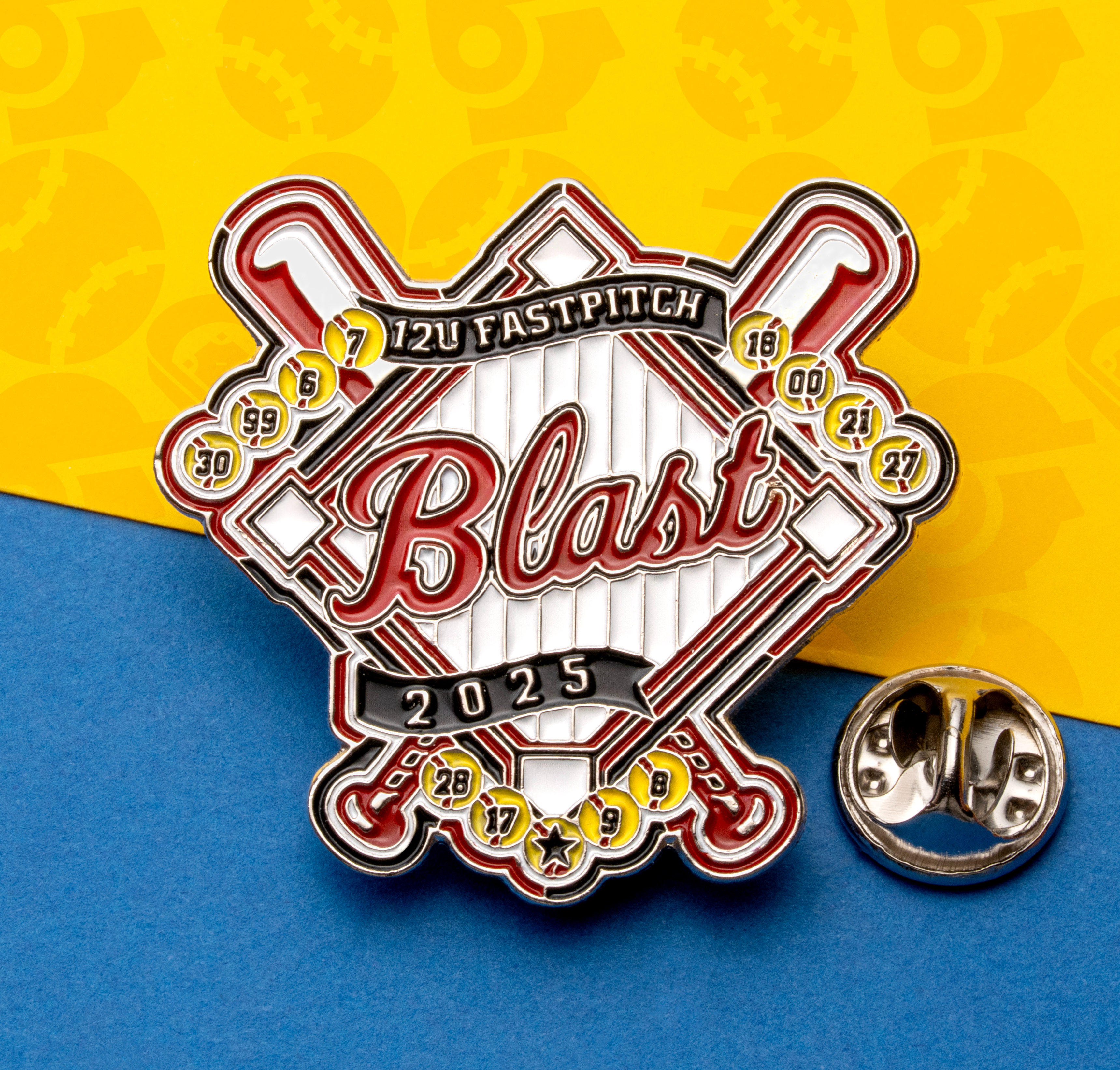 Soft enamel baseball trading pin for Blast 12U Fastpitch 2025 featuring crossed bats, a diamond field design, and player numbers.