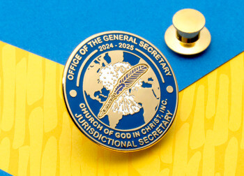 Round lapel pin for the Office of the General Secretary, Church of God in Christ, Inc. Jurisdictional Secretary, featuring a globe and quill design.