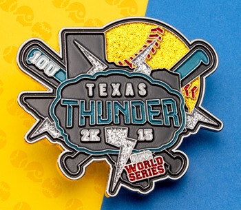 Softball trading lapel pin featuring Texas Thunder 2K15 OKC World Series with bats, glitter lightning bolts, and a yellow softball background.