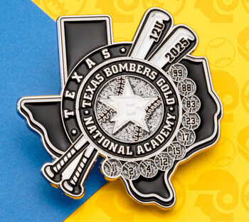 Soft enamel lapel pin in the shape of Texas featuring the Texas Bombers Gold National Academy logo, crossed baseball bats, and glitter accents.