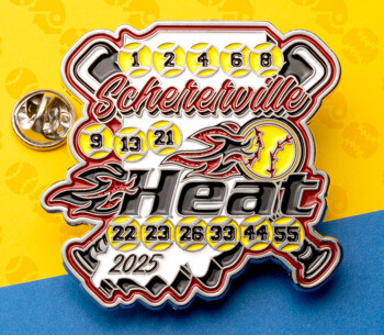 Softball themed lapel pin for Schererville Heat 2025 featuring crossed bats, flaming softballs, and player numbers.