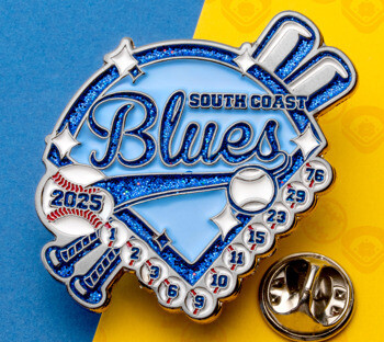 Custom baseball trading pin for South Coast Blues featuring a blue glitter diamond, crossed bats, and small baseballs with jersey numbers.
