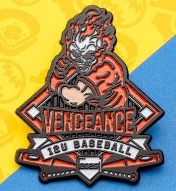 Enamel lapel pin featuring a flaming skull baseball player with the text Vengeance 12U Baseball 2025.