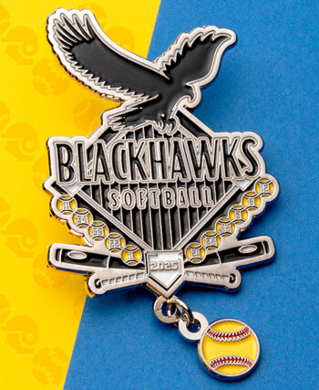 Soft enamel lapel pin for Blackhawks Softball featuring an eagle, baseball diamond, bats, and a dangling yellow softball charm.