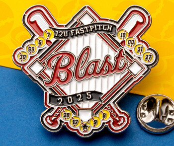 Soft enamel baseball trading pin for Blast 12U Fastpitch 2025 featuring crossed bats, a diamond field design, and player numbers.