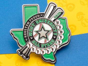 Texas shaped baseball lapel pin with West University All Stars text, crossed bats, a central star, and numbered baseballs.