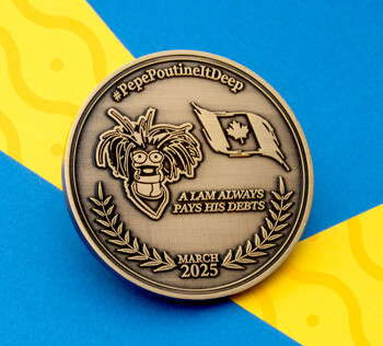 Antiqued bronze challenge coin featuring a cartoon character, Canadian flag, and text #PepePoutineItDeep March 2025.