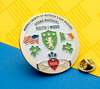 Enamel lapel pin for the Morris County St Patrick's Day Parade Grand Marshal featuring an Irish flag, shamrocks, and a Claddagh symbol.