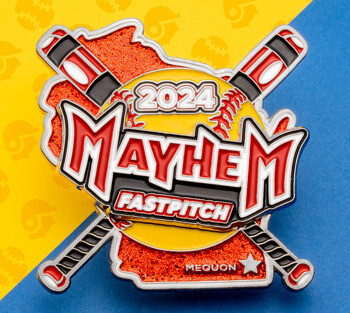 Custom 2024 Mayhem Fastpitch softball lapel pin featuring crossed bats, a yellow ball, and glitter red accents.