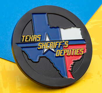 Circular black challenge coin featuring a Texas state map design with blue, white, and red enamel and the text Texas Sheriff's Deputies.