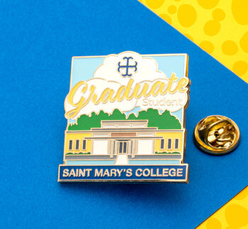Rectangular Saint Mary's College graduate student lapel pin featuring a campus building illustration and blue enamel border.