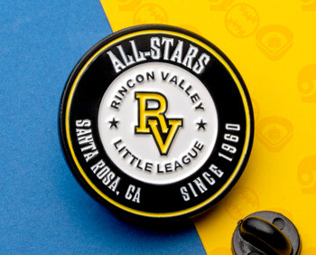 Circular black and white Rincon Valley Little League All-Stars lapel pin with gold RV logo on a yellow and blue background.