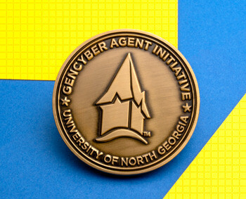 Antique bronze Gencyber Agent Initiative challenge coin featuring the University of North Georgia logo on a blue and yellow background.