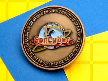 Antiqued gold GenCyber challenge coin featuring a blue globe with a red orbital ring and a hexadecimal border.