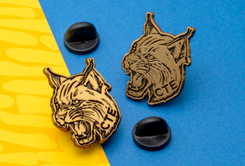 Gold-toned die-struck lapel pins featuring a detailed lynx head mascot with CTE text on a blue and yellow background.