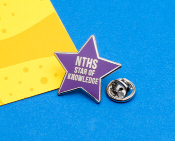 Purple star-shaped NTHS Star of Knowledge lapel pin with silver trim on a blue background.