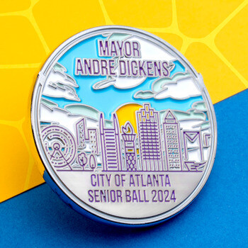 Mayor Andre Dickens City of Atlanta Senior Ball 2024 challenge coin featuring a colorful city skyline and Ferris wheel.
